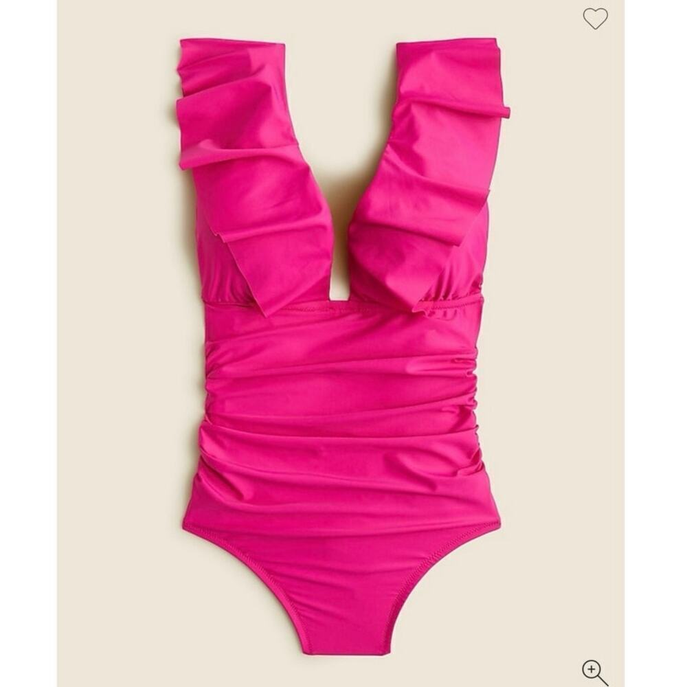 J Crew NWT Ruched Ruffle Deep V Bright Pink One Piece Swimsuit Size 14
